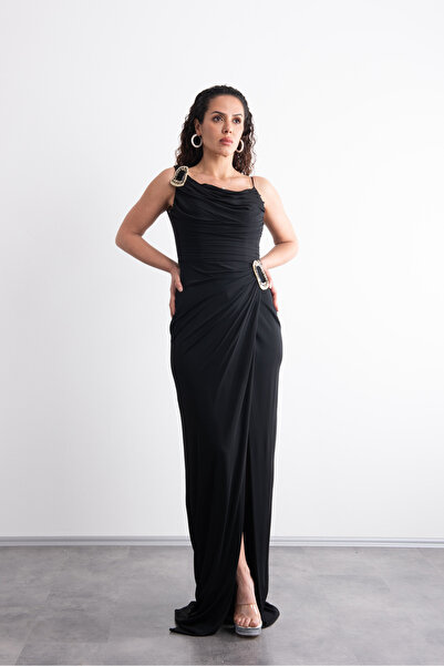 Mialora Long, Stylish Evening Dress with Shoulder and Waist Accessories, Drap...