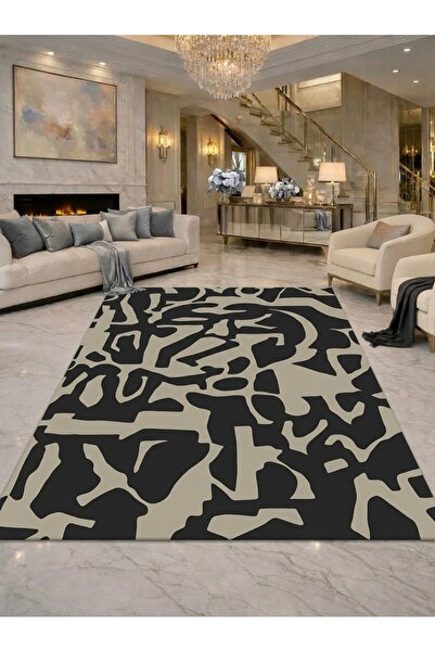 Rugs Modern Halı SDT Modern Soyut Kamuflaj Desenli Siyah Bej Minimalist Dokum...