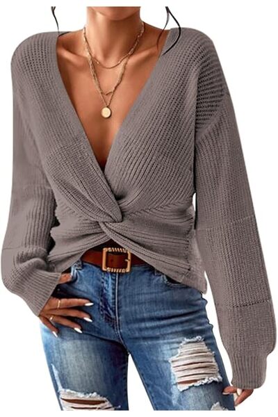 Dotail Sovoyontee Women's Sweater, knitted, deep V-neck, twisted front design...