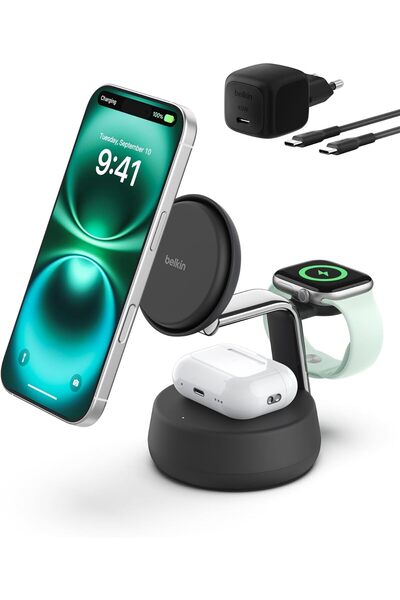 Belkin UltraCharge Pro MagSafe Uyumlu 3’ü 1 Arada Qi2 25W Kablosuz Şarj Cihaz...