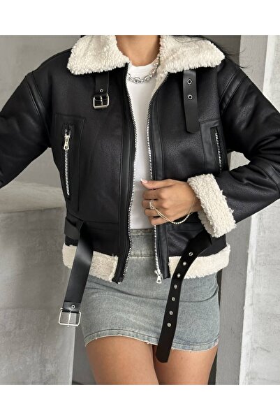 Golden Thread Γυναικείο Aviator Jacket με Επένδυση Shearling - Μαύρο/Λευκό