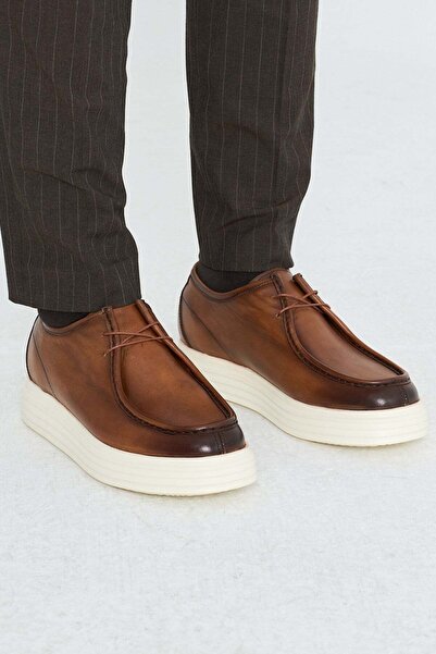 White Stone Tan Genuine Leather Lace-Up High-Sole Men's Casual Shoes