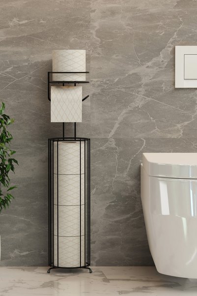 zabata Redundant Toilet Paper Organizer with Stand and Hanger, Black Metal Basket, Wc Stand and Hanger