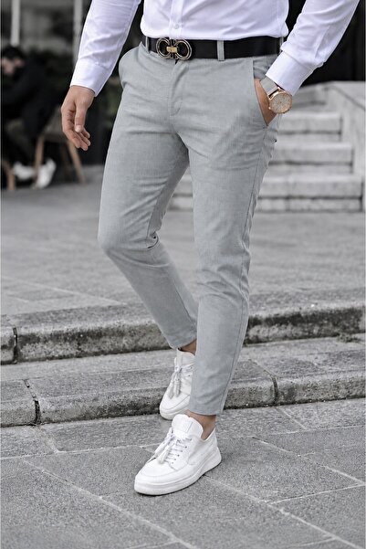 Gussi Erkek Gri Slim Fit Esnek Likralı Keten Pantolon