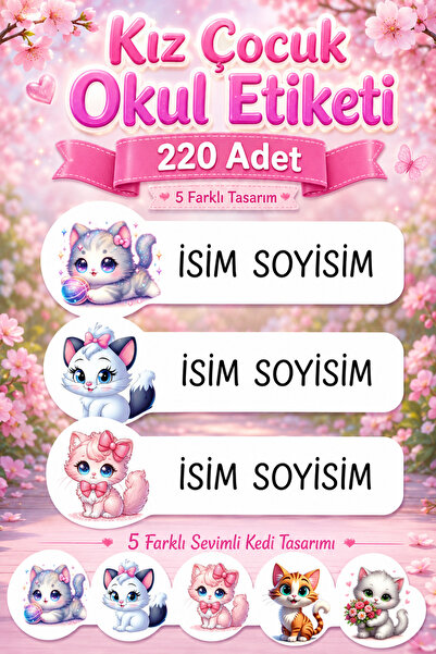 cabuk baskı Kız Çocuk Sevimli Kedi Temalı Okul Etiketi 220 Adet Özel İsim Yaz...
