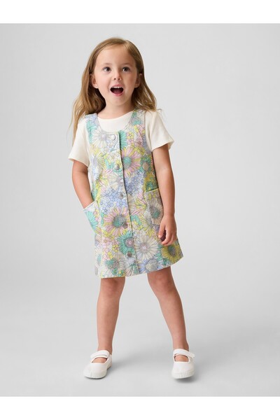GAP Kız Bebek Çok Renkli Çiçekli Denim Salopet Elbise