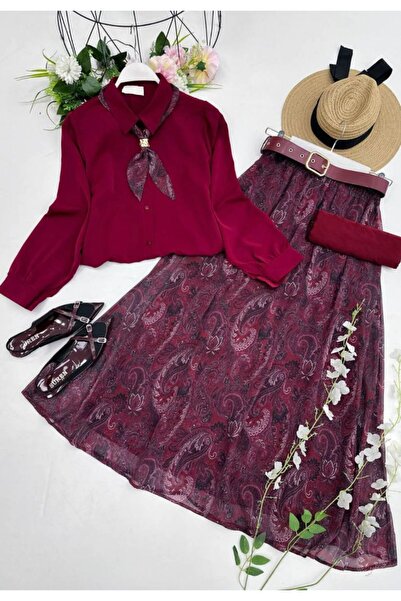 VOLT CLOTHİNG Shirt, Scarf, Detailed Belted Skirt Set