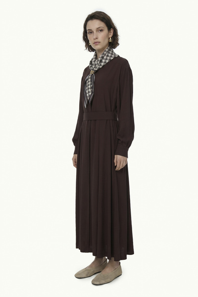 Zühre Flowy Brown Dress with Belted Shawl Detail 0579