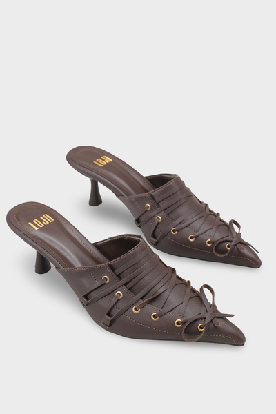 LOJO Women's Pointed Toe Lace Detailed Short Heeled Slippers Zerris Brown