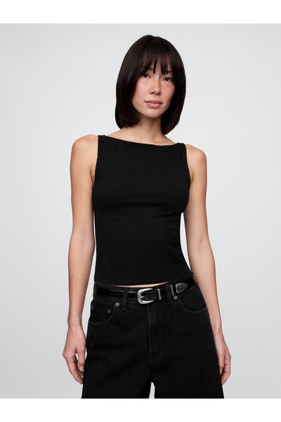 GAP Kadın Siyah CloseKnit Jersey Boatneck Crop Kolsuz Üst
