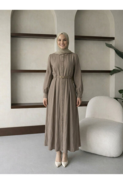 ESMİRASTİL Kadın Kemerli Pileli Tam Boy Düğmeli Tesettür Elbise