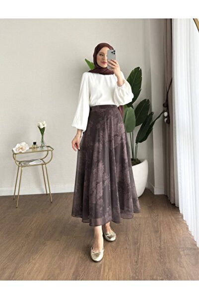 MODA VEDAT Women's Floral Patterned Chiffon Skirt -0500 (Length 100cm * Lined)