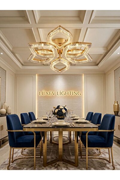 Lüxev Lighting Flora Model Gold 6"lı Ledli 3 Renk Modu Kristal Salon Mutfak Y...