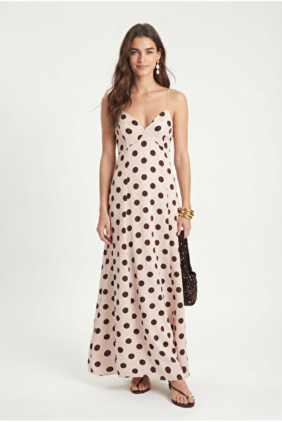 Ritnice Women's Week Elastic Back Cream Polka Dot Strappy Long Dress