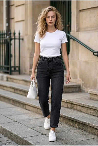 hies Μαύρη Κρεμ Λύκρα με ψηλή μέση γραμμή Mom Jean