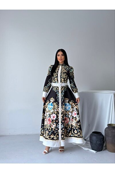 WellWay Atlas Fabric Full Button Floral Dress (Belt Included)-Black-2659
