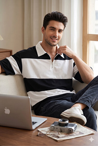 ALİ.COM Unisex Polo Collar Zippered Segmented Polo T-Shirt-Oversize Polo T-Shirt