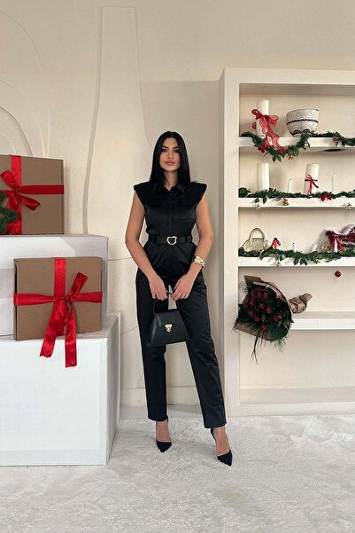 ozelia Black Padded Belted Jumpsuit