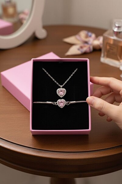 perry accessories kararmaz çelik pembe kalp kolye be bileklik hediye seti not...