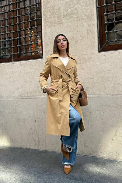 ozelia Camel Long Belted Trench Coat