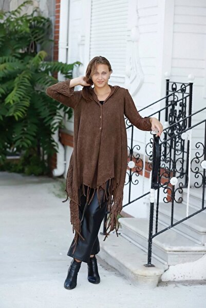 SHOPPEBUTİK Hooded Skirt with Tassels, Openwork Buttons, Cotton Cardigan