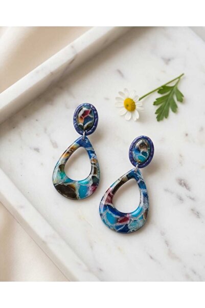 Dodemert Home Blue Silver Polymer Clay & Epoxy Handmade Design Earrings