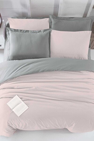 BAYÇAĞRI Double Fitted Sheet Duvet Cover Set Cotton Four Season Powder Gray