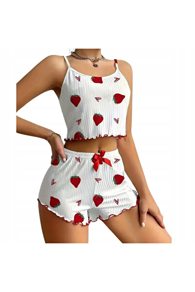 SNM 2-Piece Lingerie Set, SNM, Sexy Strawberry & Heart Print, Ribbed Elastic ...