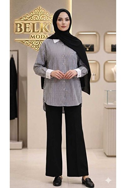 Belkız Women's Striped Long Hijab Shirt