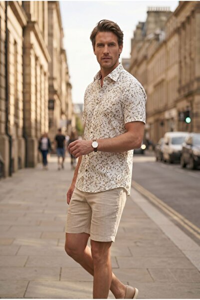 Louis Fabel Short Sleeve Men's Shirt with Micro Floral Pattern on White Backg...