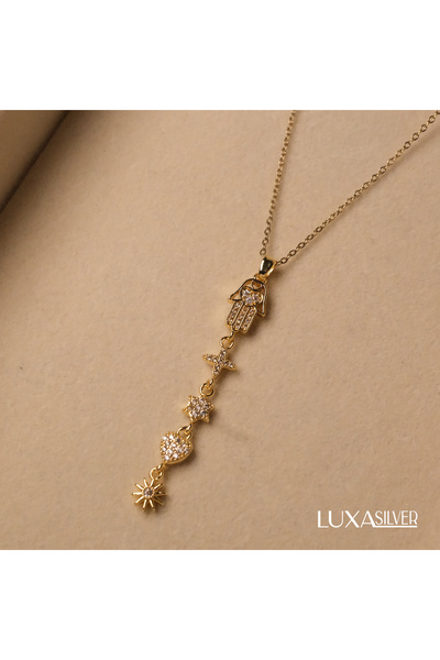 luxa silver jewellery Çelik Kararmaz Gold Fatma Ana Eli Zirkon Taşlı Charm Ko...