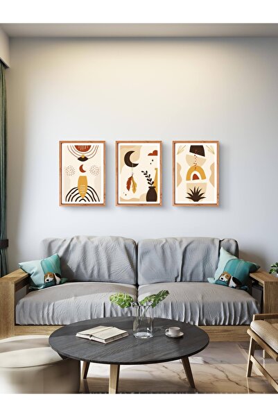 woodretro Triple Boho Modern Minimalist Painting Set with Wooden Frame 3 Pieces