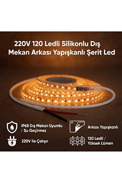AC AYDINLATMA 220V 120 LED Dış Mekan Şerit LED Amber Işık Arkası Yapışkanlı S...