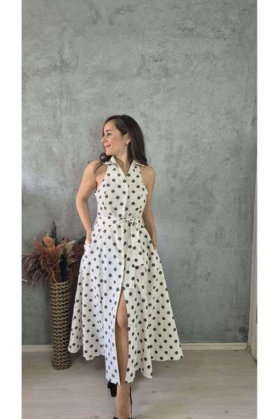 Butik YANDAN CEPLİ PUANTİYELİ KETEN ELBİSE