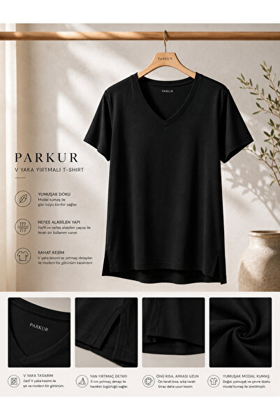 Parkur V-Neck Slit Detailed Modal T-Shirt – Black