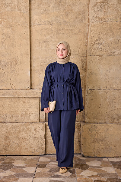 LOCCO Women's High Collar Waist-Tie Suit Navy Blue