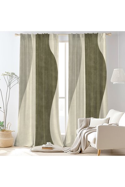 Hanna Home Haki Soyut Desenli Kadife Görünümlü Salon fon perde