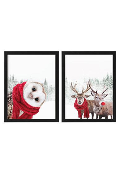 Boomah Accessories Set of 2, Owl and Deer Winter Wall Art Poster with Frame 3...