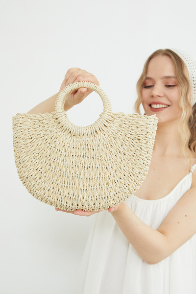 Fulla Moda Long Strap Round Handle Straw Handbag