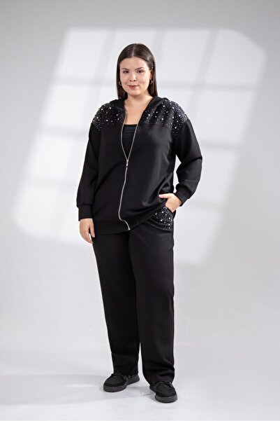 Roxxlen Women's Plus Size Stone Detailed Tracksuit Set