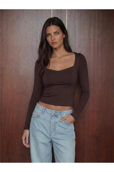 WeShaya Brown Polyester Square Neck Long Sleeve Body Fitting Molded Slim Fit ...