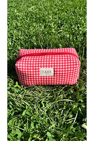 Yare Atelier Torba za šminku od crvene gingham tkanine, prenosiva putna torba...
