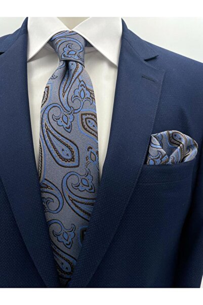 Brianze 8 cm Blue Brown Shawl Pattern Tie Handkerchief Set
