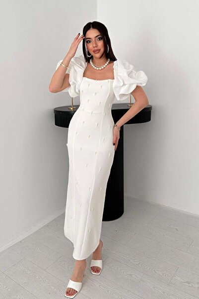 Caddebostan Moda Pearl Embellished Balloon Sleeve Square Neck Midi Length Eve...