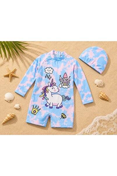 Lolliboomkids Girl's cute mythical horse print swimsuit set - long sleeve hip...