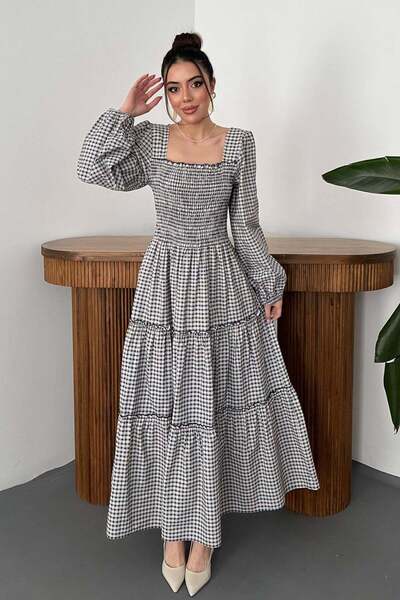 Caddebostan Moda Plaid Square Collar Gipe Detailed Long Sleeve Bohemian Dress
