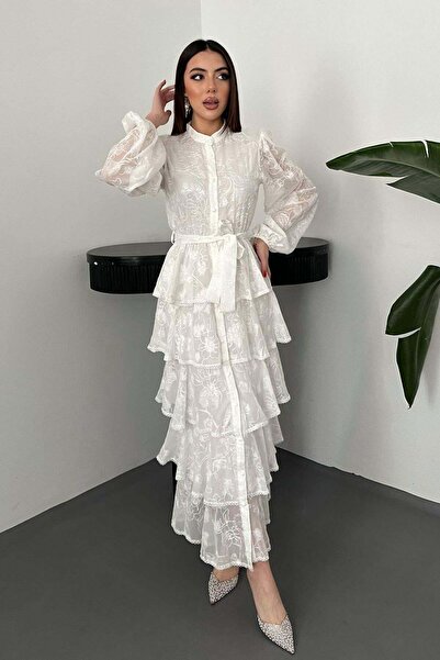 Caddebostan Moda Women's Floral Patterned Layered Flounce Long Chiffon Dress