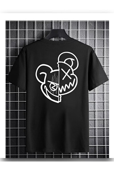 TİMİSİVA Unisex Oversized Printed Crew Neck Short Sleeve Black T-Shirt