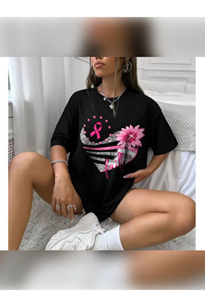 TİMİSİVA Unisex Oversized Printed Crew Neck Short Sleeve Black T-Shirt