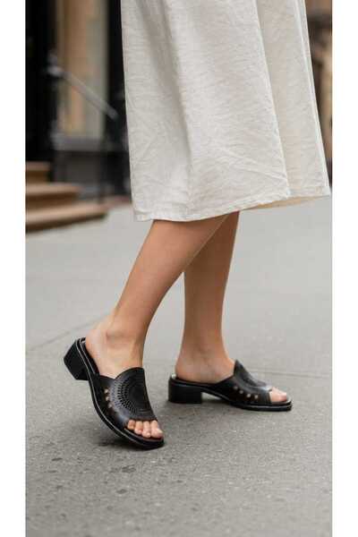 ALDİ Genuine Leather Women's Slippers 4 cm Heeled Orthopedic Comfortable Thic...